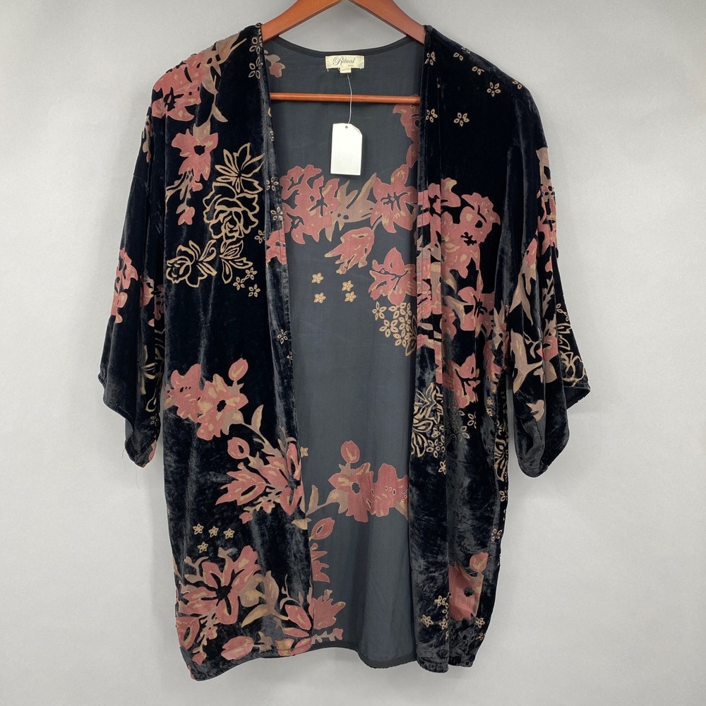 Ritual Floral Burnout Velvet Kimono Top Women Large Tibetan Red Black Open Front